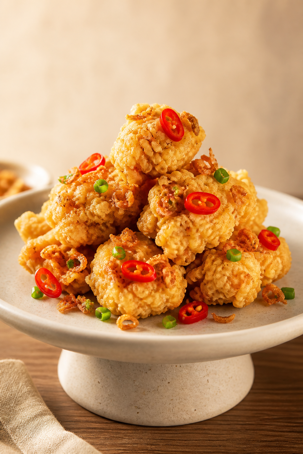Ayam krispi cabai tersaji di stand piring premium