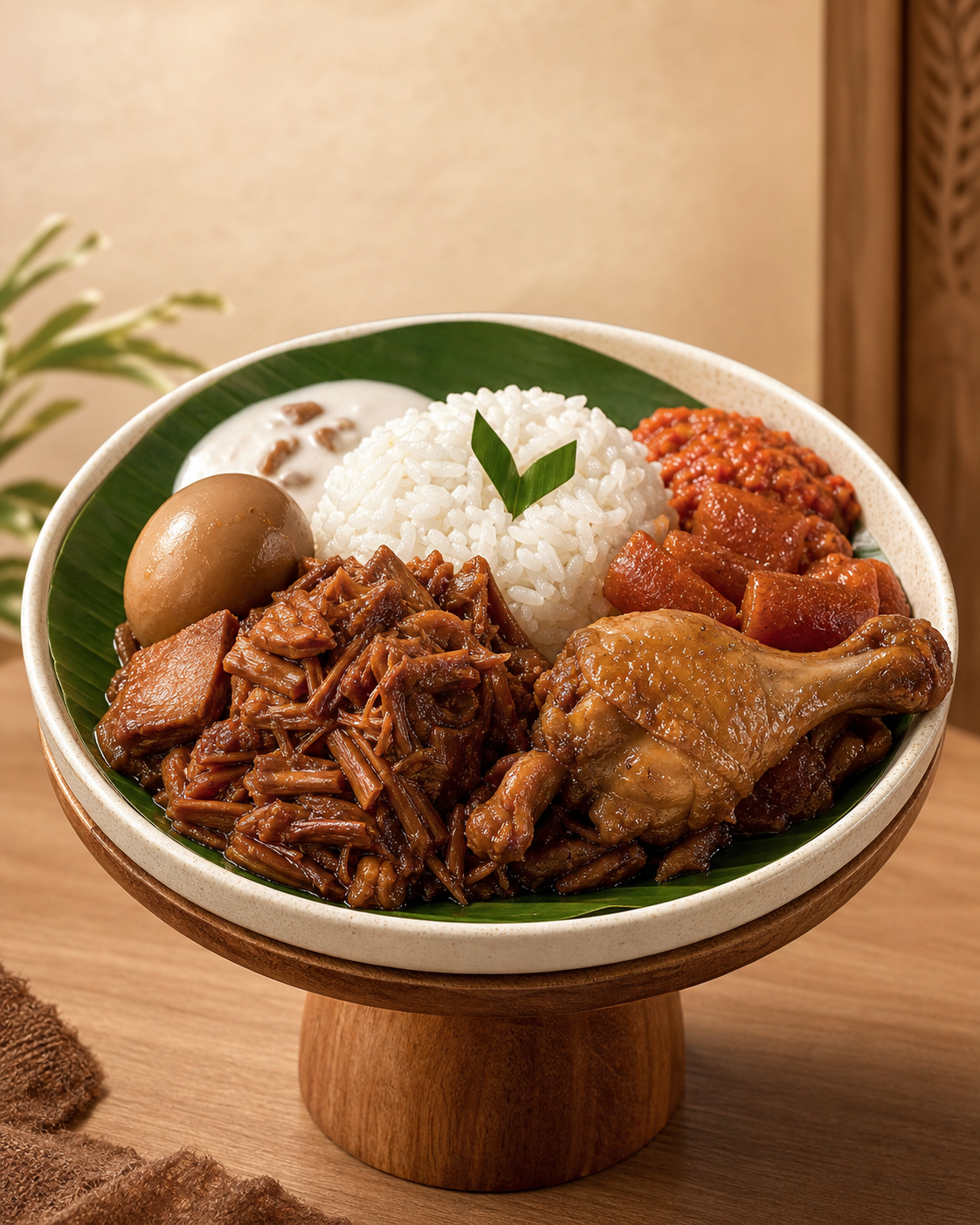 Gudeg Jogja lengkap dengan nasi, telur, krecek, dan ayam di stand premium