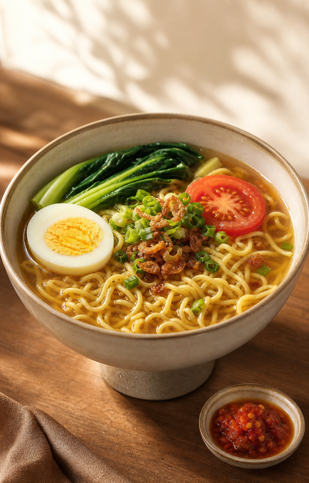 Mie rebus hangat dengan telur, sayuran, tomat, dan sambal